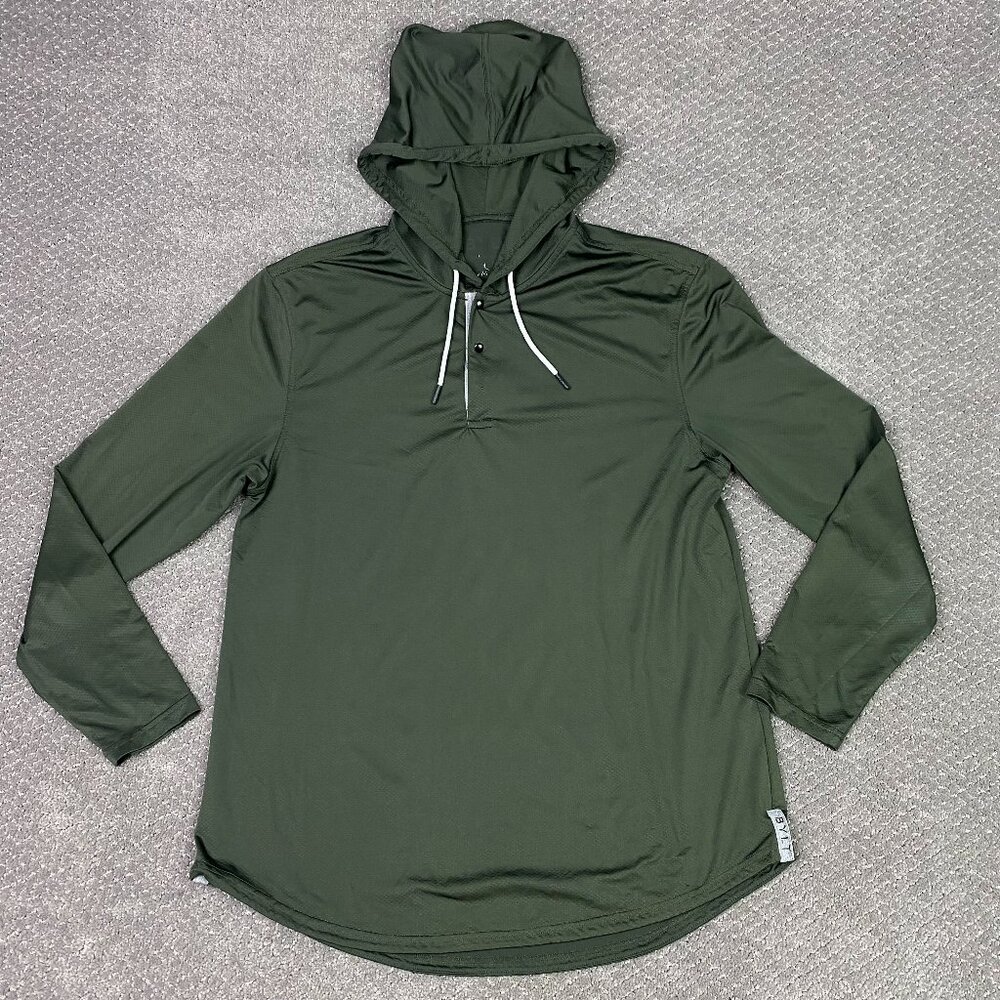 BYLT Premium Basics Hoodie Henley Men's Large Green Snaps Drop Cut Lux Hooded